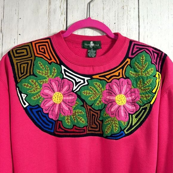 Hunt Club Vintage Embroidered Hot Pink Long Sleeve Crewneck Pullover Sweater - Picture 2 of 13